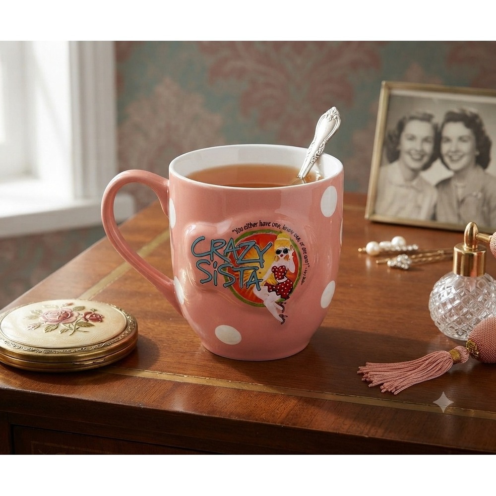 Crazy Sista Lucy Buffett Pink Polka Dot Ceramic Coffee Mug Retro Pin Up Girl